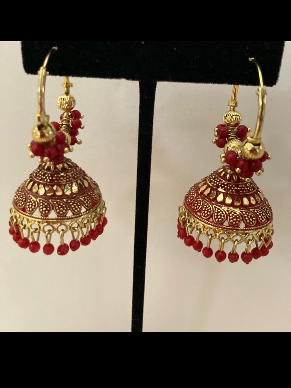 Gold Bollywood red bead earrings